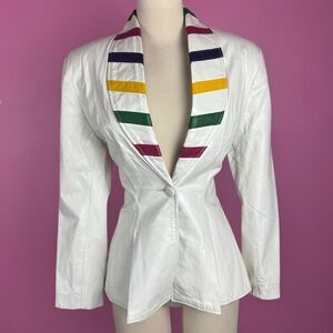 Vintage 1980s 80s White Stripe Collar Genuine Leather Peplum Blazer Jacket Sz M